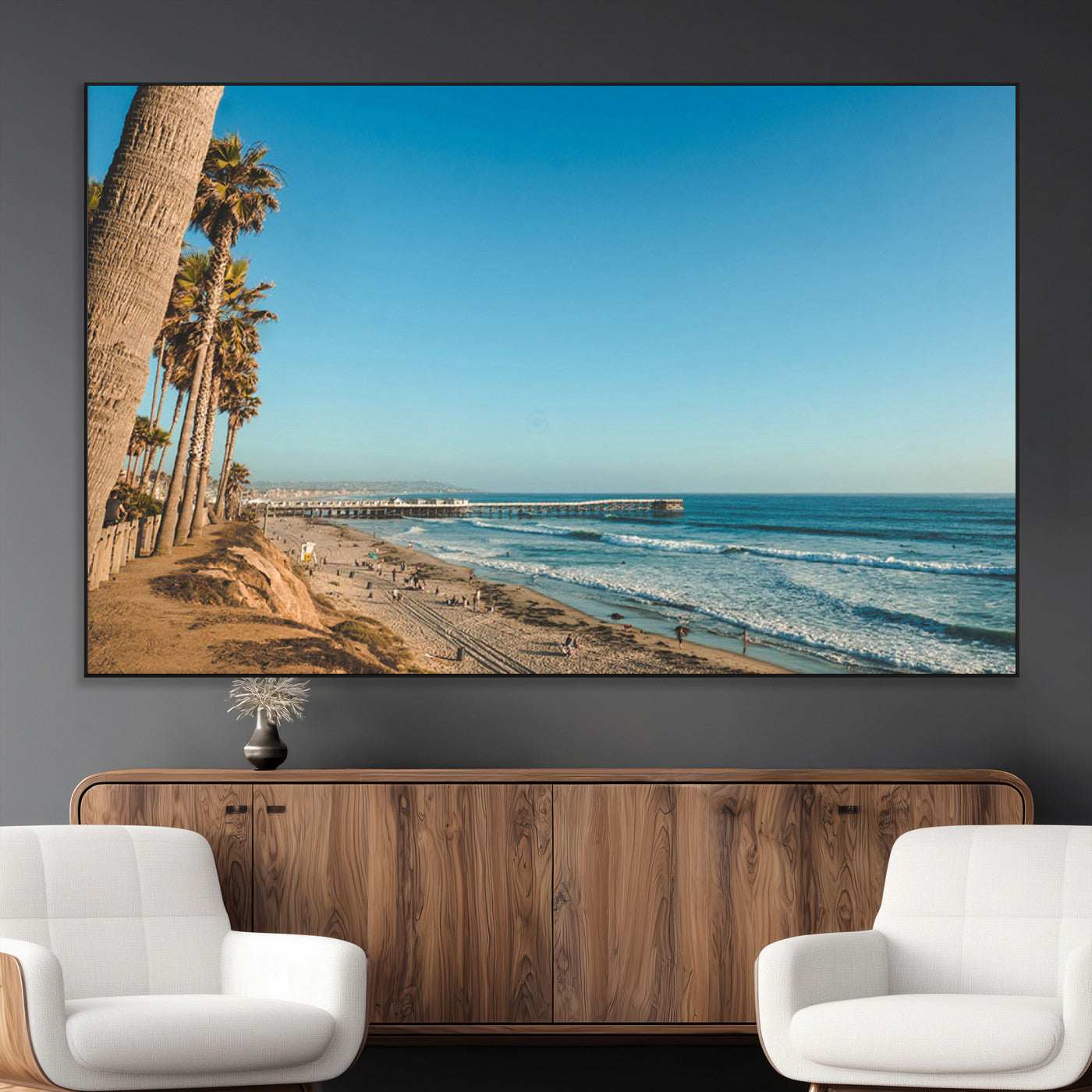 SEG-FC-51X34_Oversize - Scenic Beach with Tall Palm Trees, Sandy Shore, and Long Pier Stretching into the Calm Ocean Under