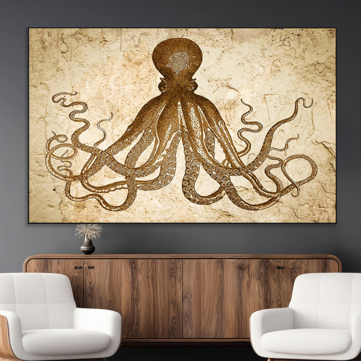 SEG-FC-51X34_Oversize - Sepia Octopus Wall Art Abstract Animal Canvas Print