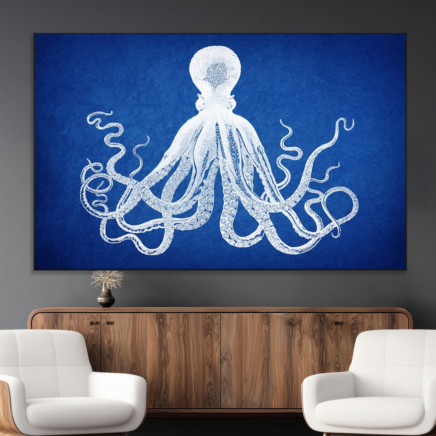 SEG-FC-51X34_Oversize - Large 3-Panel Blue Octopus Canvas Wall Art | Coastal Marine Life Artwork for Living Room, Bedroom,