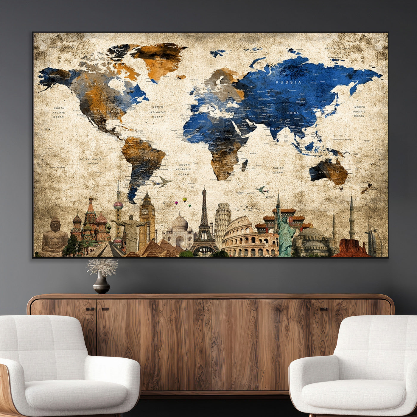 SEG-FC-51X34_Oversize - Push Pin World Map Canvas Print – Framed Wall Art for Couples to Track Their Travels – Anniversary