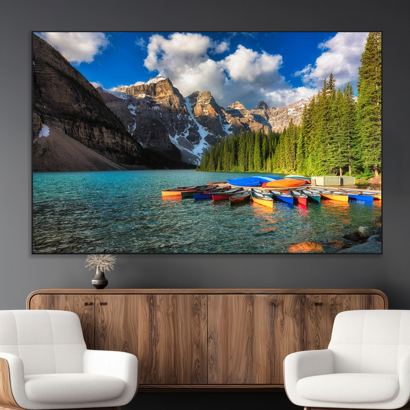 SEG-FC-51X34_Oversize - Moraine Lake 3-Panel Wall Art, Majestic Mountain and Lake Landscape Canvas Print Canoes on Moraine