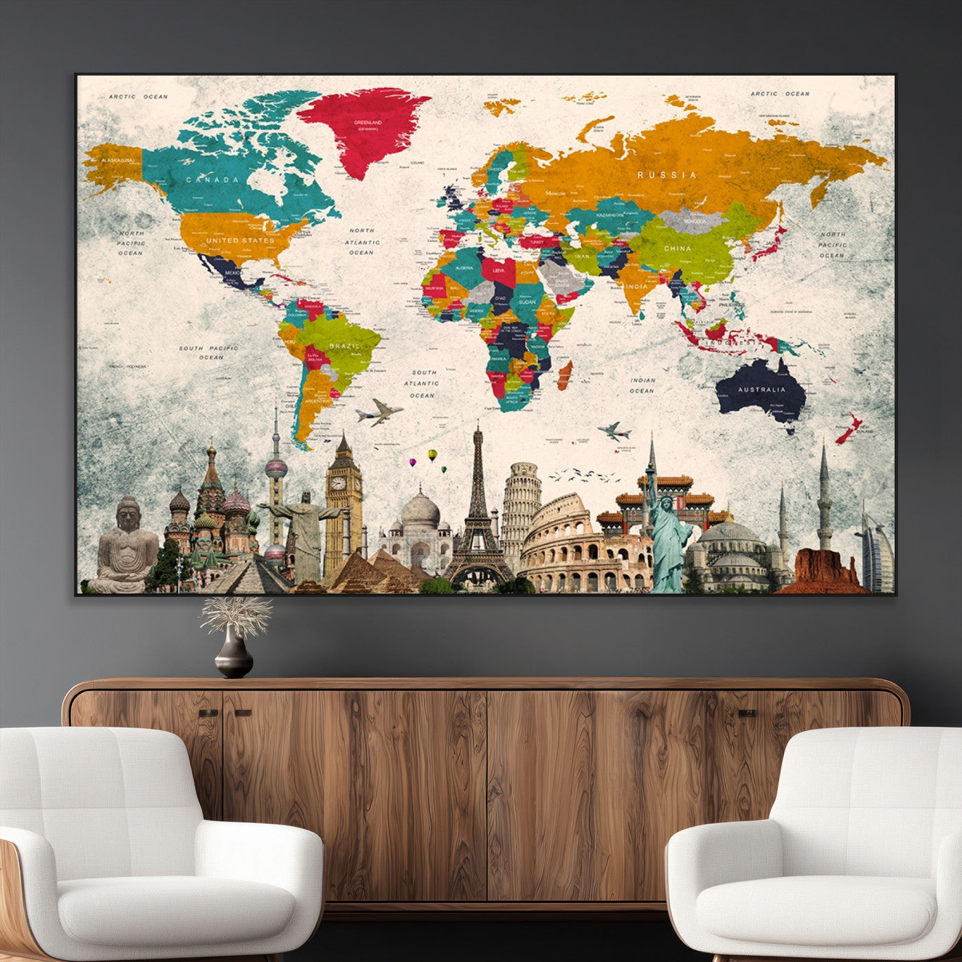 SEG-FC-51X34_Oversize - Push Pin World Map Canvas Print – Framed Wall Art for Couples to Track Their Travels – Anniversary