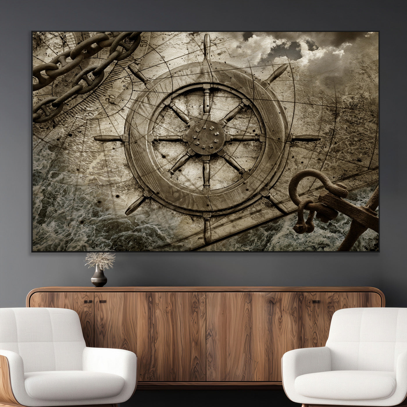SEG-FC-51X34_Oversize - Wooden Ship Wheel Canvas Print, Multi Panel Canvas Wall Art Print