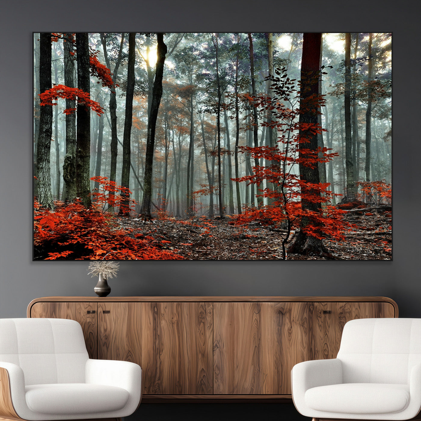 SEG-FC-51X34_Oversize - Autumn Forest Canvas Wall Art – Enchanting Red Leaves Triptych Print – Nature-Inspired Decor for