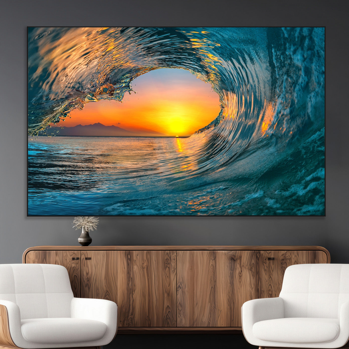 SEG-FC-51X34_Oversize - Ocean Wave Sunset Wall Art | Large Coastal Wave Canvas Print | 3-Panel Ocean Sunset Seascape for