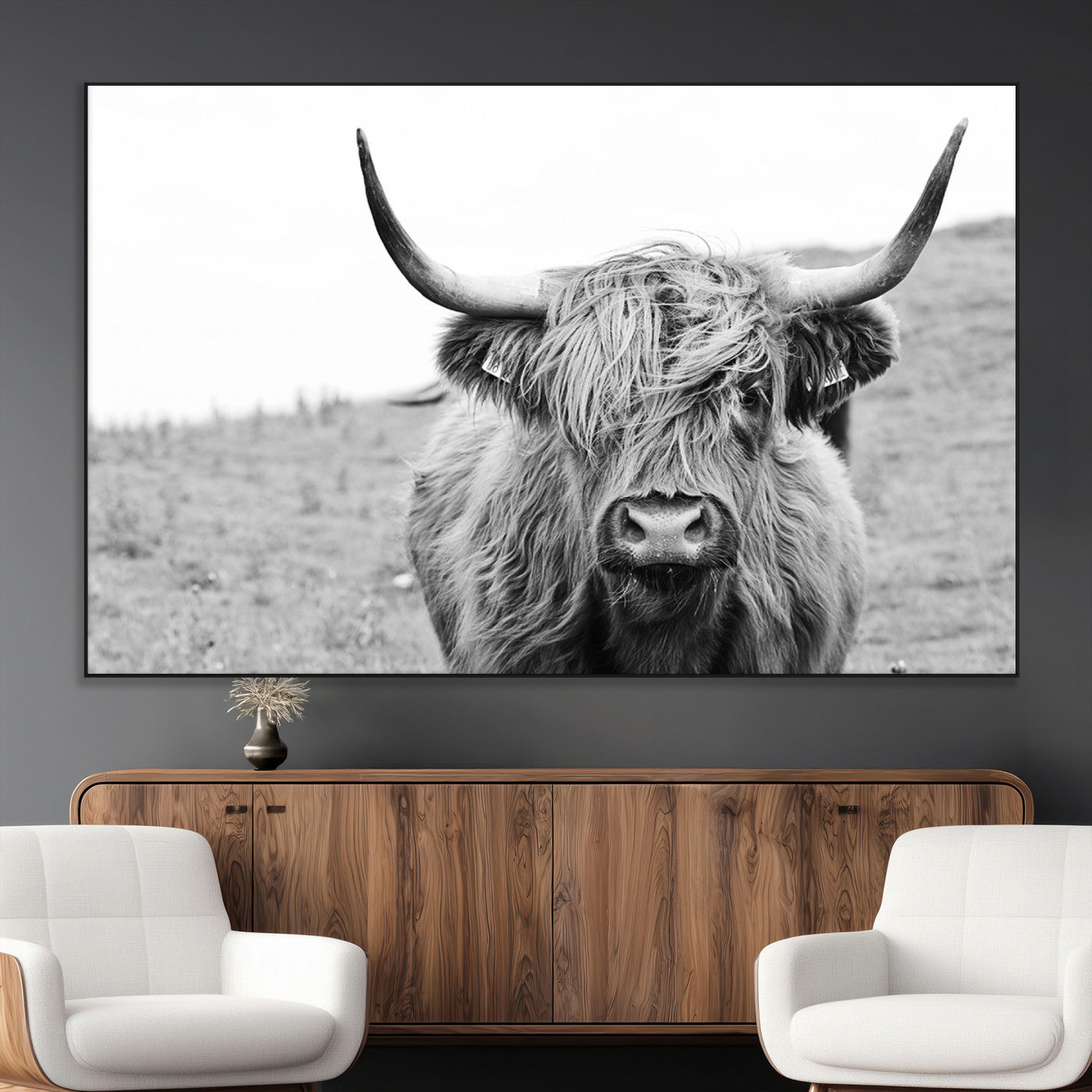 SEG-FC-51X34_Oversize - Newfoundland Cow Art Wall Art, Black White Cow Art Wall Art Canvas Print