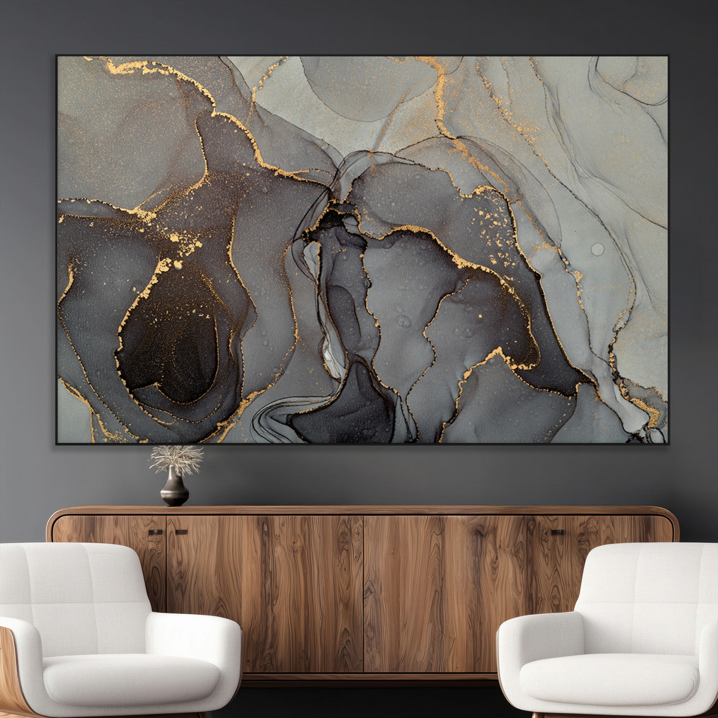 SEG-FC-51X34_Oversize - Gray Marble Fluid Effect Wall Art Abstract Canvas Wall Art Print