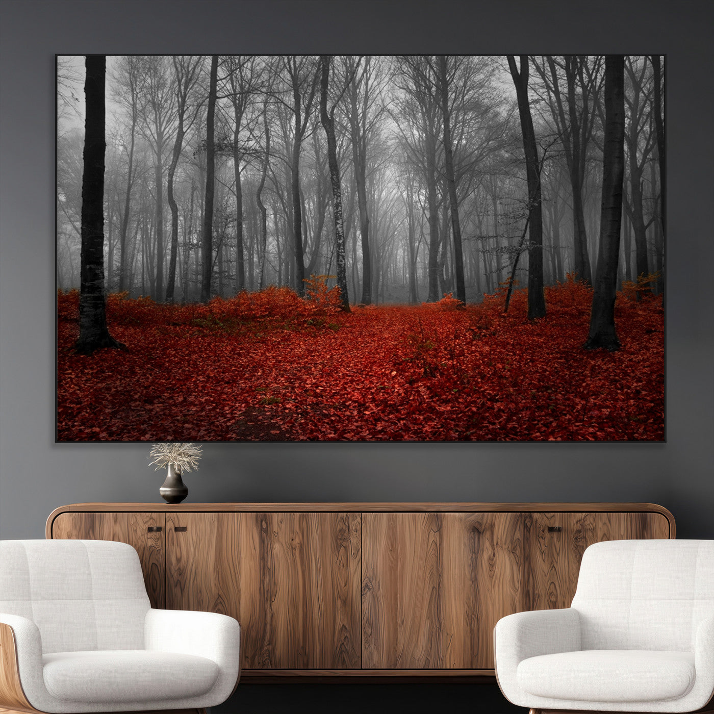 38804-SEG-FC-51X34_Oversize_Oversize-Red Forest Floor Canvas Wall Art – Mystical Foggy Woodland Triptych – Nature-Inspired Decor for