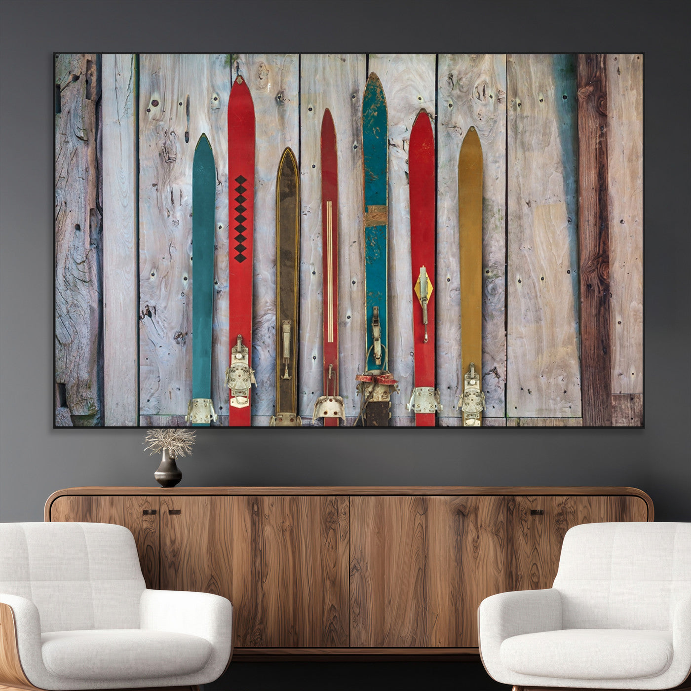 SEG-FC-51X34_Oversize - Vintage Wooden Weathered Ski's in Front of an Old Barn Wall Art Canvas Print for Farmhouse, Cabin
