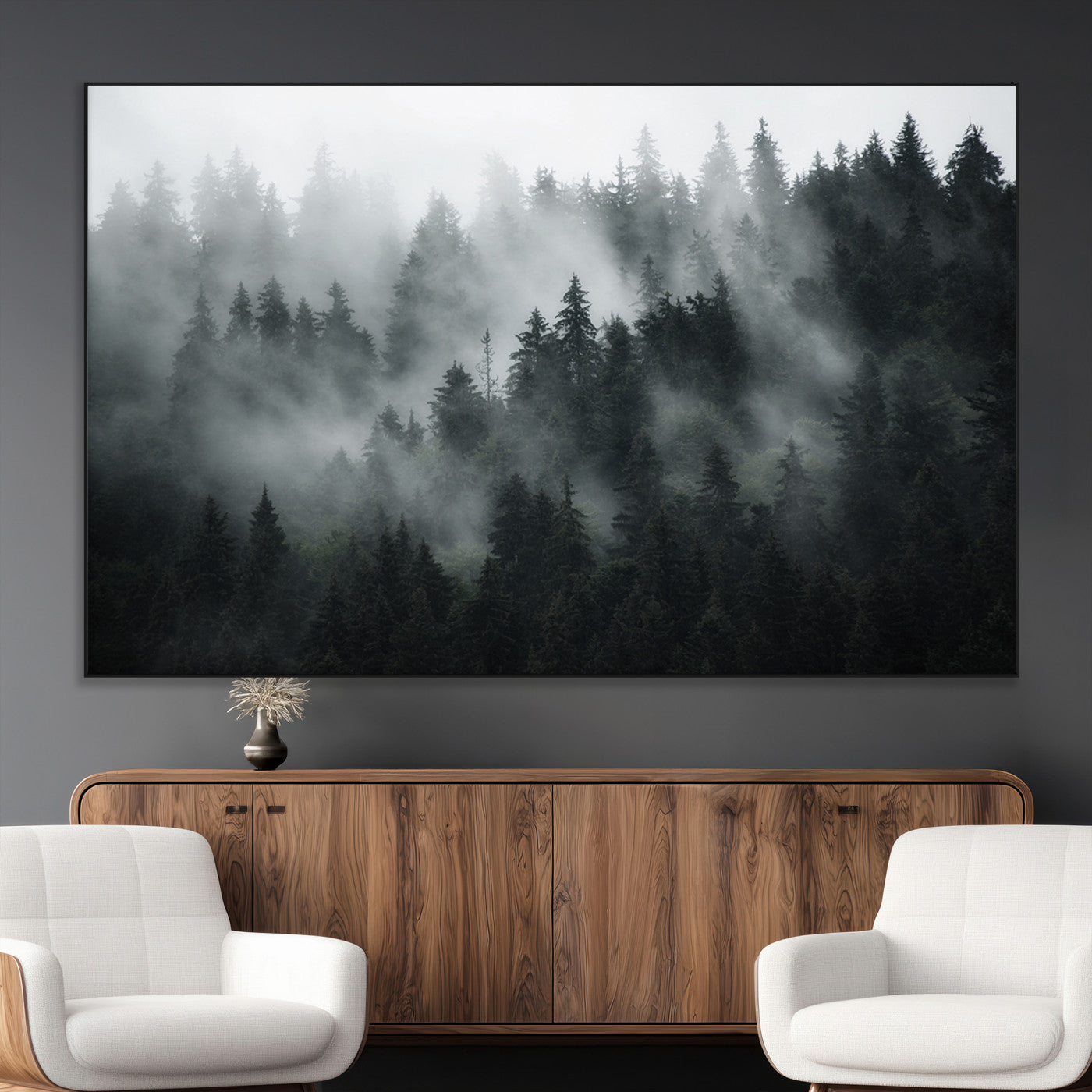 SEG-FC-51X34_Oversize - Foggy Forest Wall Art Canvas Print | 3 Panel Large Misty Landscape for Dining Room, Office, or