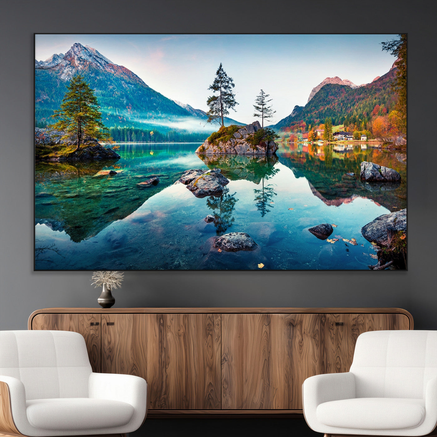 -Crystal Clear Lake Wall Art | Mountains Wall Art Canvas | 3 Panel Large Landscape Print for Dining
