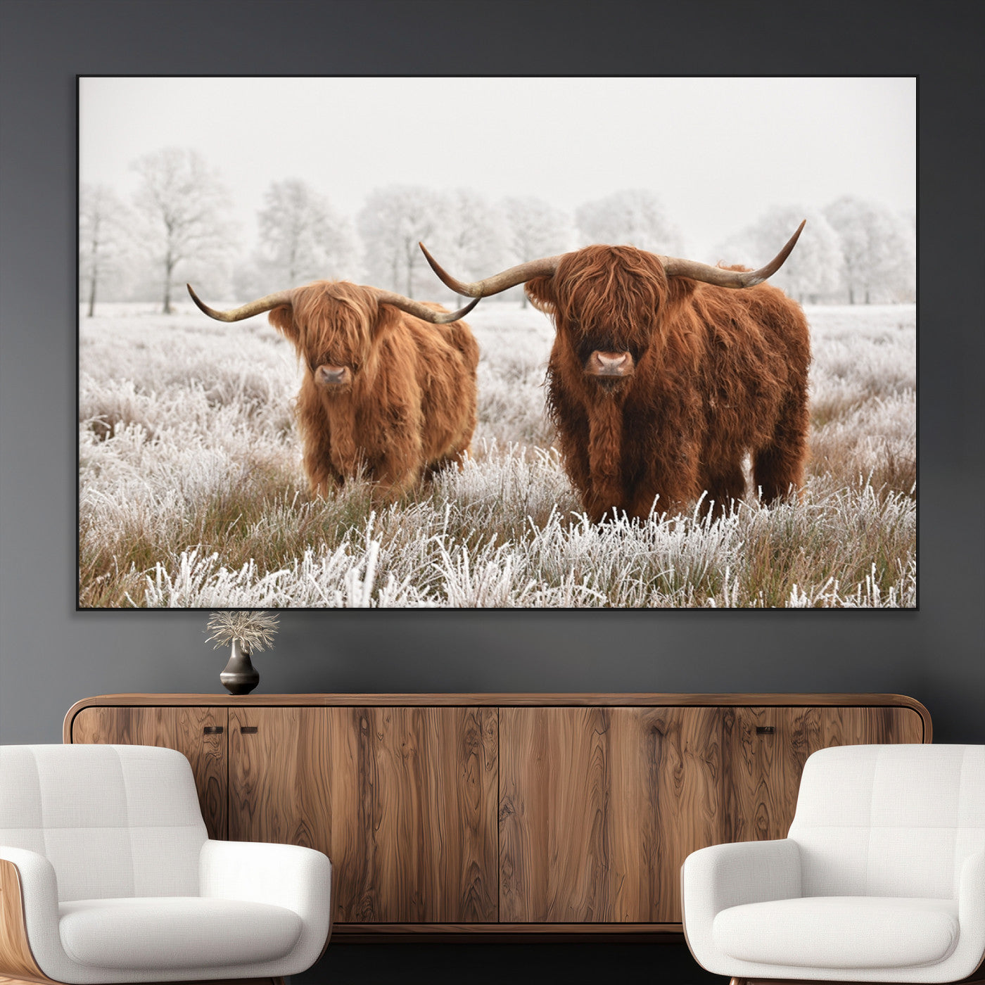 SEG-FC-51X34_Oversize - Longhorn Cattle Wall Art Canvas Print, Framed Farmhouse Style Art Picture Print, Rustic Cow Perfect Rustic Farmhouse Decor Artwork