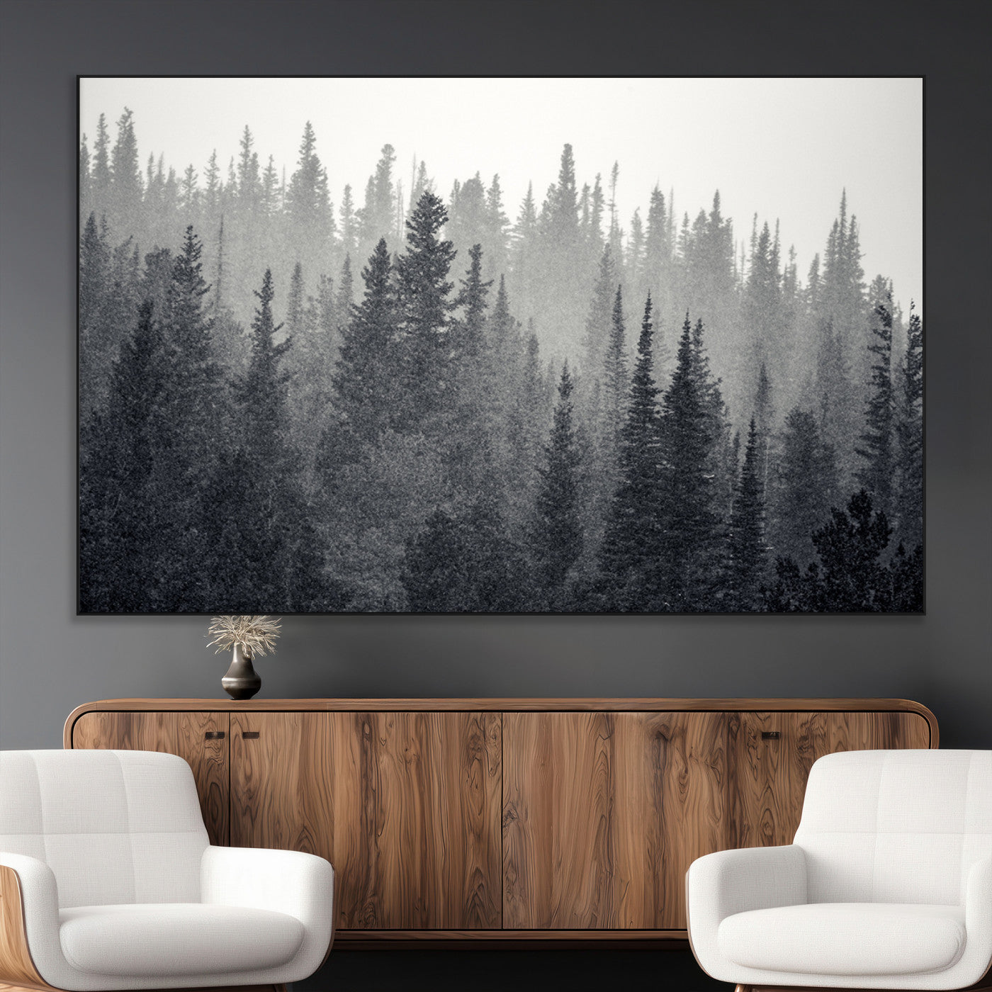 SEG-FC-51X34_Oversize - Misty Forest Canvas Wall Art – Monochrome Triptych Pine Tree Print – Nature-Inspired Home Decor –