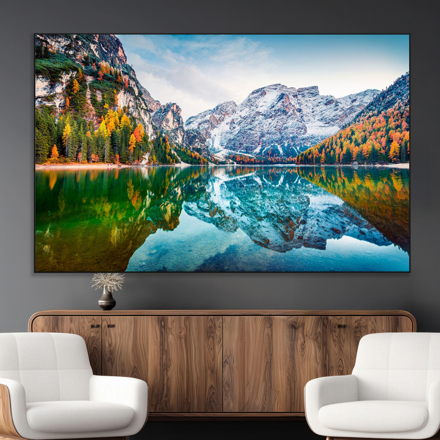 -Spectacular autumn view of Braies Lake Wall Art Canvas Print