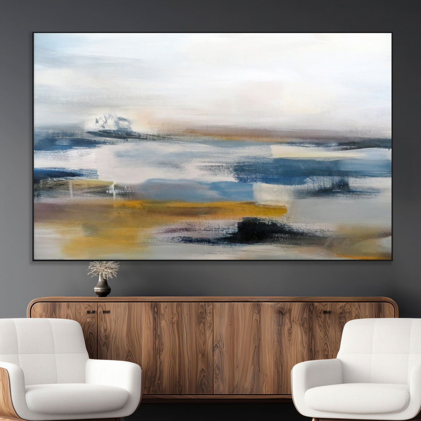 SEG-FC-51X34_Oversize - Abstract Landscape Wall Art Canvas | 3 Panel Modern Blue, Gold, and White Canvas Art for Living