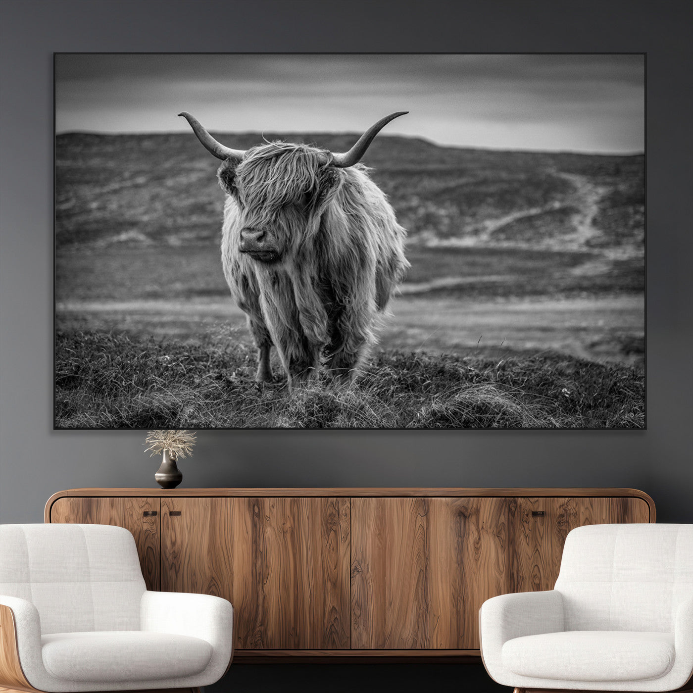 SEG-FC-51X34_Oversize - Fluffy Cattle Wall Art Print, Highland Cow Canvas, Framed Black and white Wall Art
