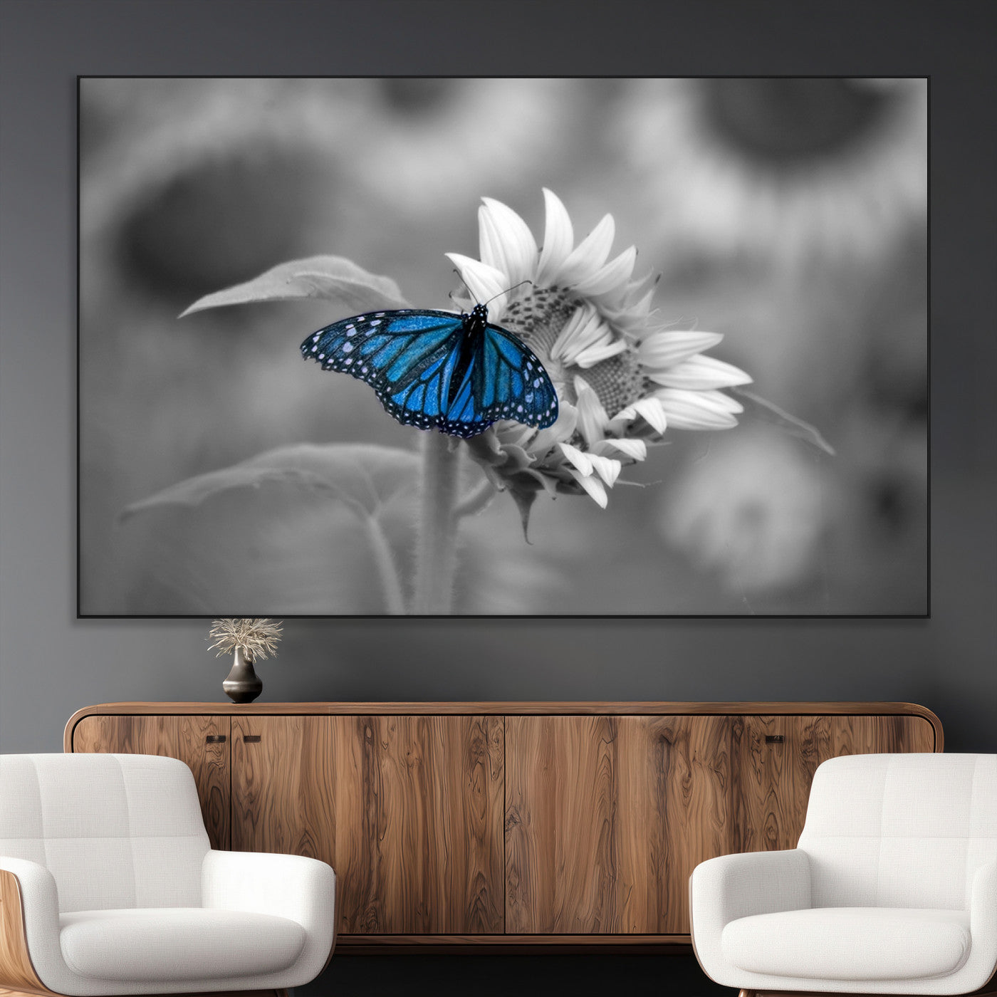 SEG-FC-51X34_Oversize - Blue Butterfly Black and White Canvas Wall Art