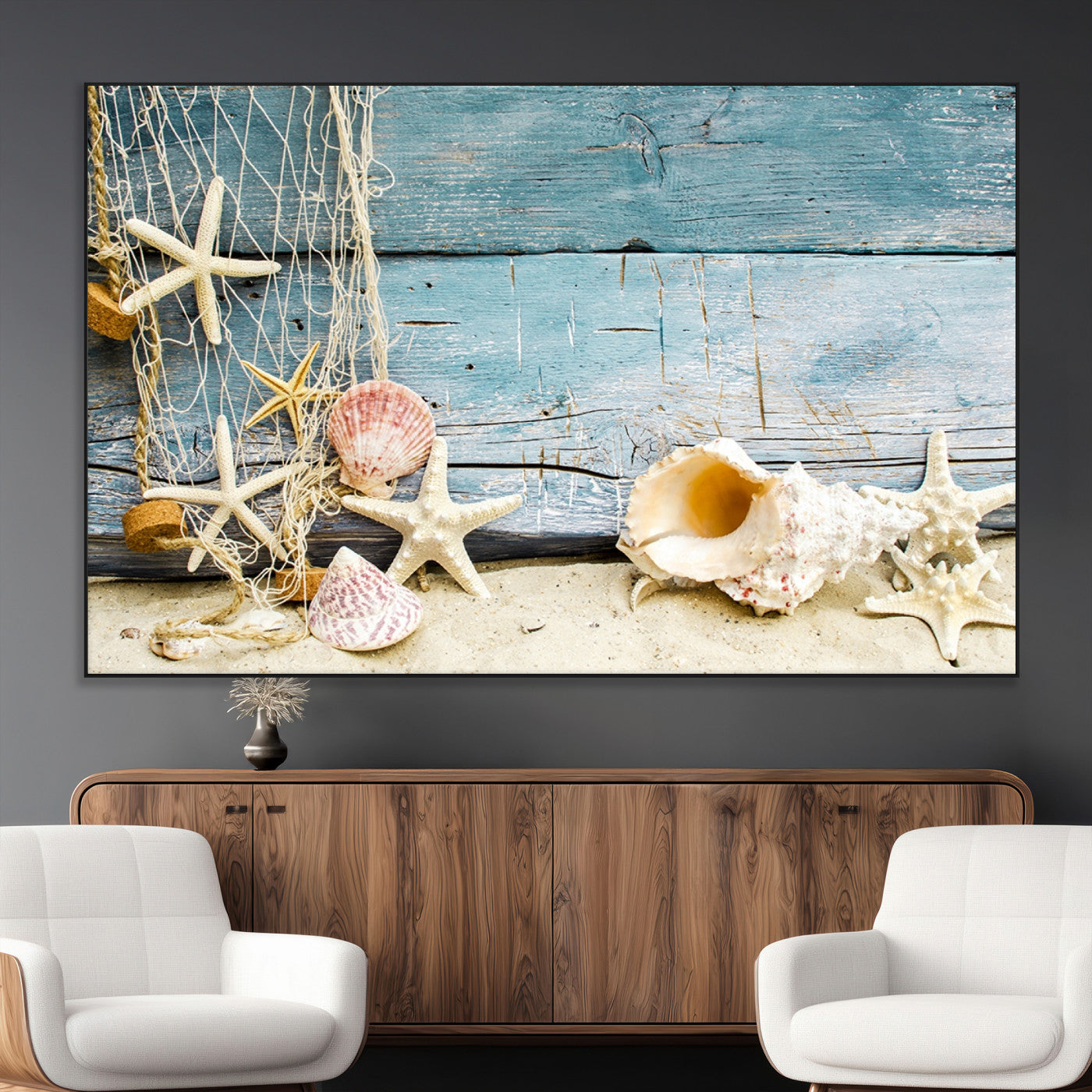 SEG-FC-51X34_Oversize - Seashells on Rustic Wooden Background, Seashells Wall Art Canvas Print