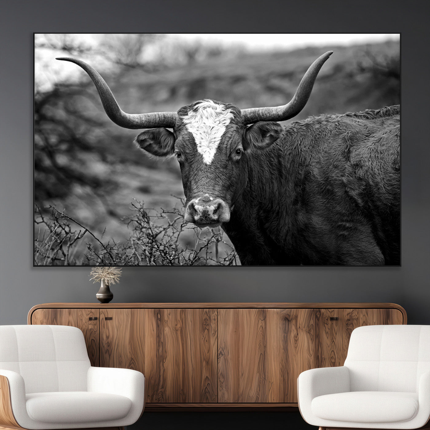 SEG-FC-51X34_Oversize - Western Home Wall Art Canvas Print, Framed Texas Longhorn Art Picture Print, Rustic Cow Perfect Rustic Farmhouse Decor Artwork
