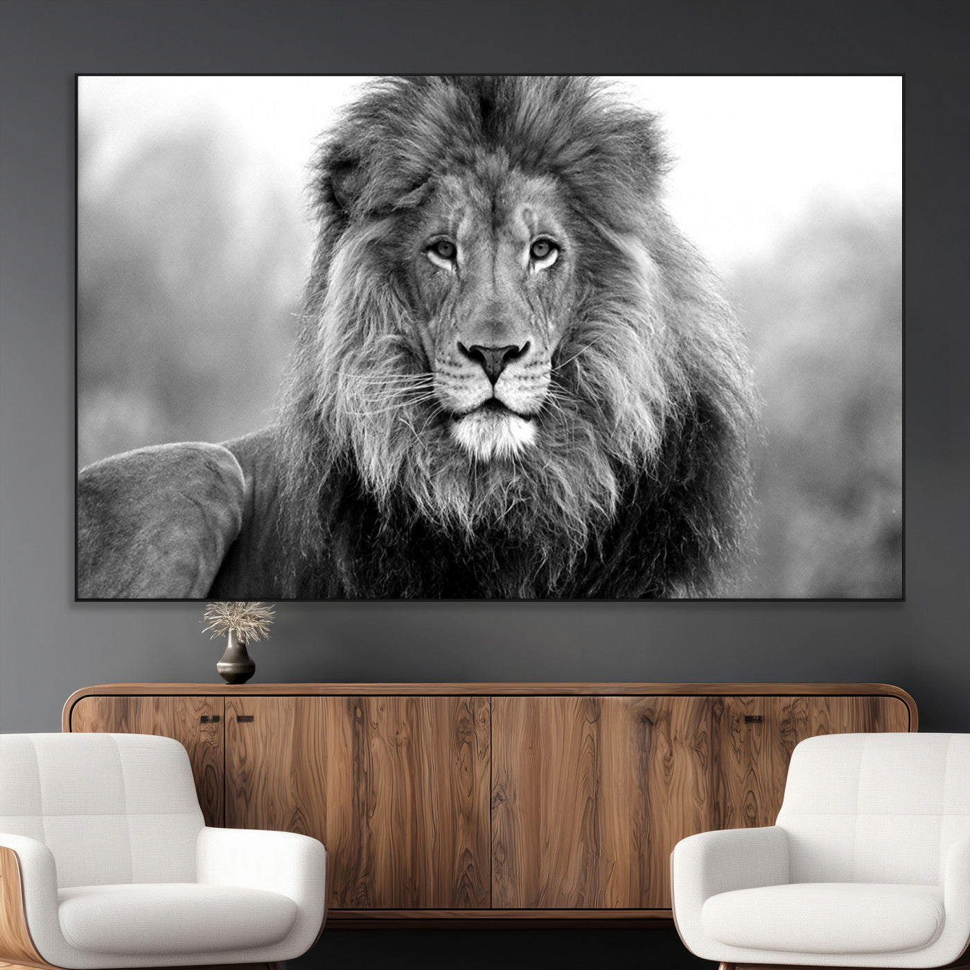 SEG-FC-51X34_Oversize - Black and White Lion Canvas Wall Art Animal Print