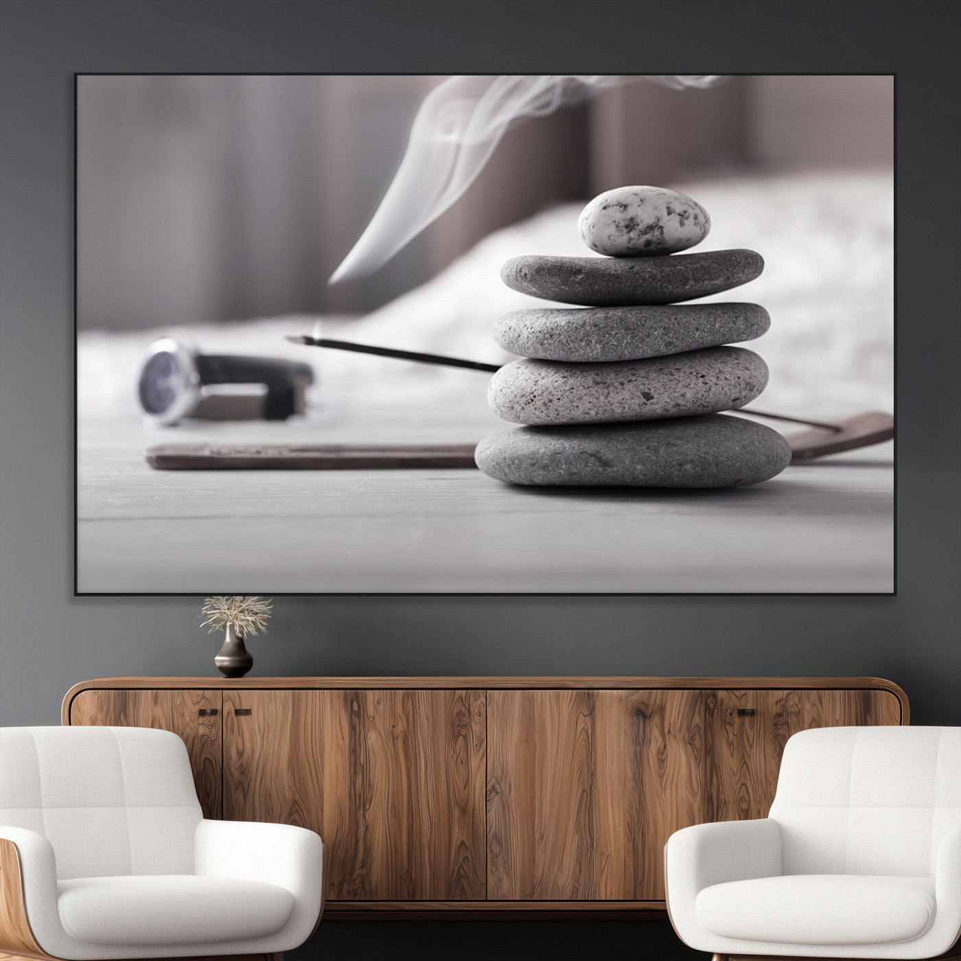 SEG-FC-51X34_Oversize - Burning Incense and Zen Stones Buddhism Wall Art, Zen Stones Wall Art Canvas Print
