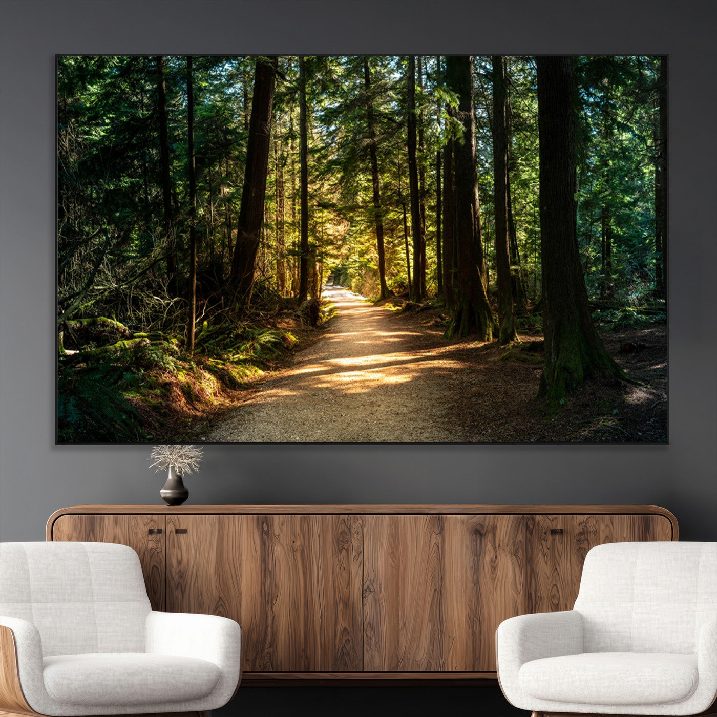 SEG-FC-51X34_Oversize - Sunlit Forest Pathway Canvas Print | 3 Panel Large Nature Wall Art for Living Room, Office, or