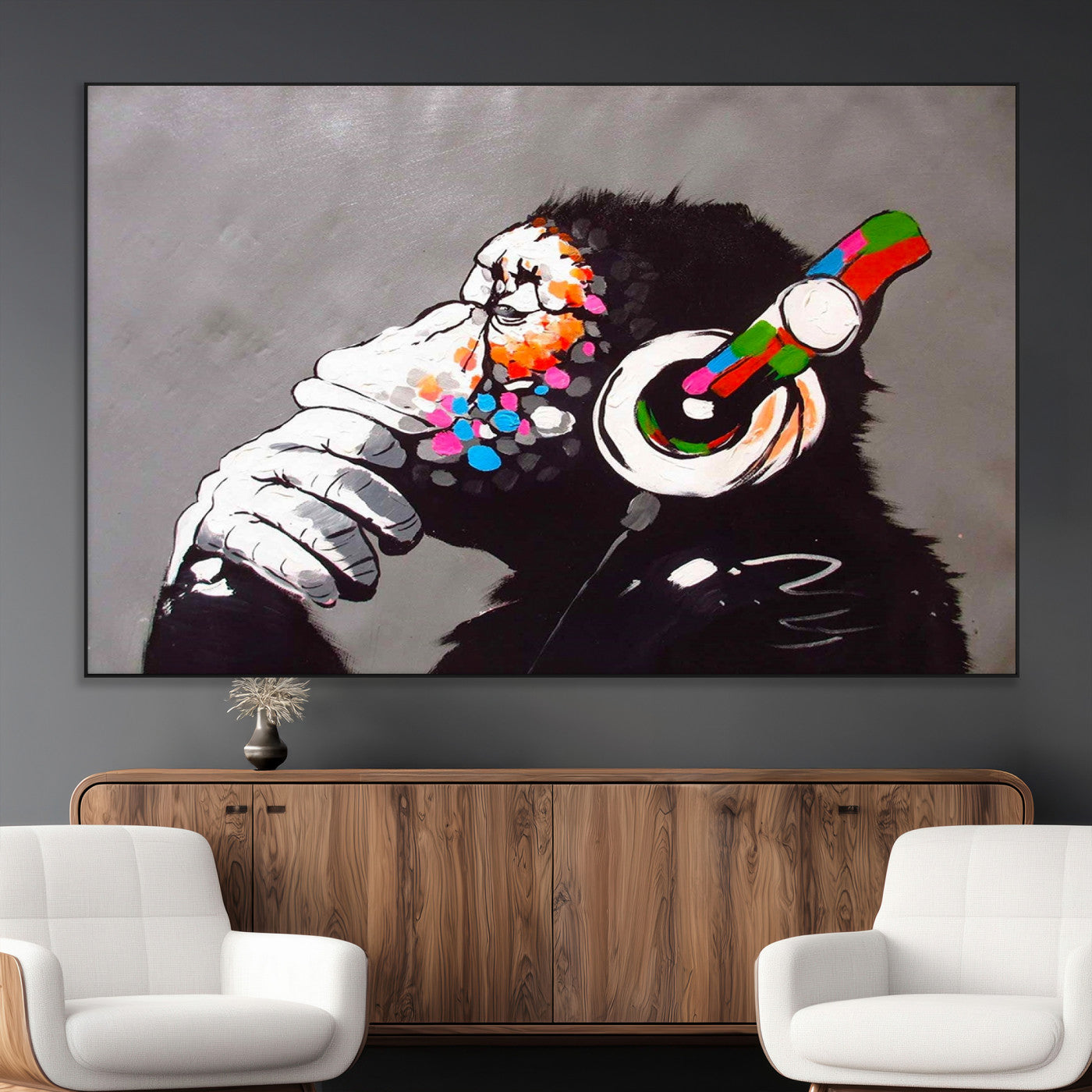 SEG-FC-51X34_Oversize - Dj Monkey Listening to Music Wall Art Print | Banksy Monkey Large Canvas Print for Living Room,