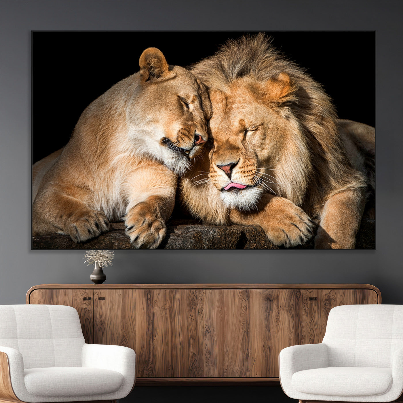 SEG-FC-51X34_Oversize - Lion and Lioness Wall Art Print Canvas | 3-Panel African Wildlife Canvas Print | Animal-Themed Art