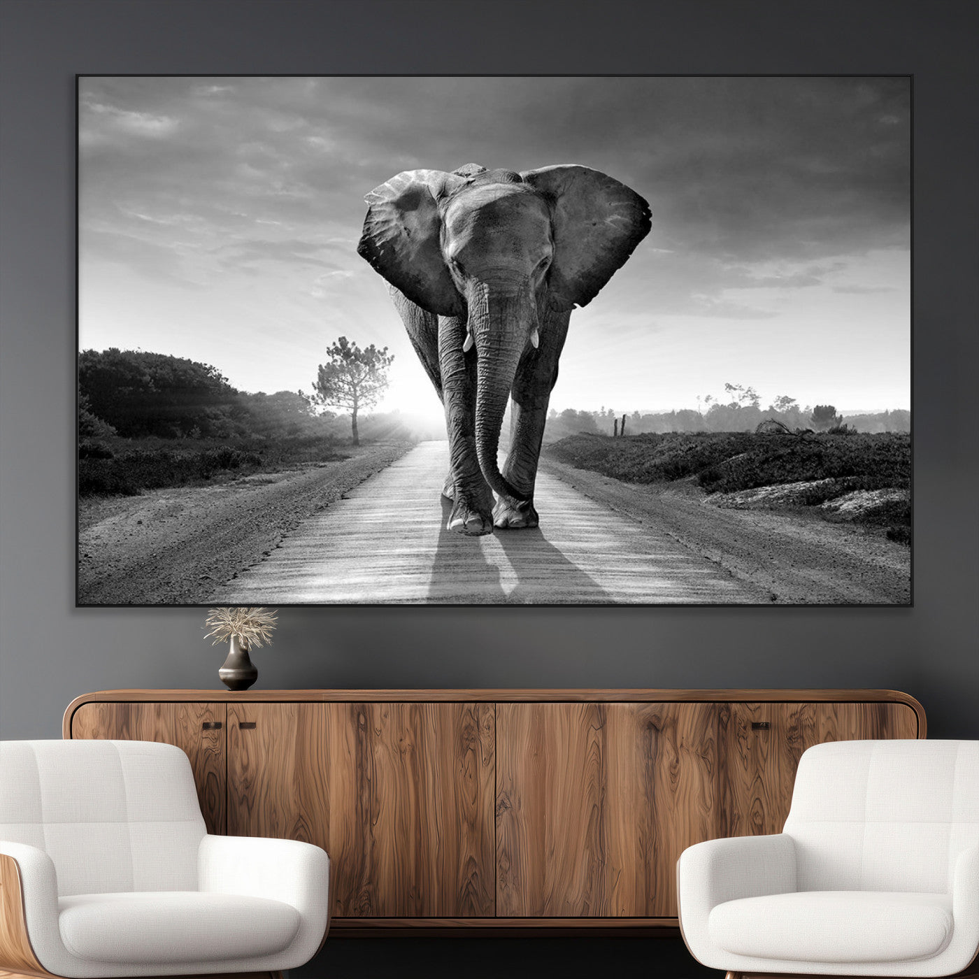 SEG-FC-51X34_Oversize - Black and White Elephant Wall Art Canvas Print