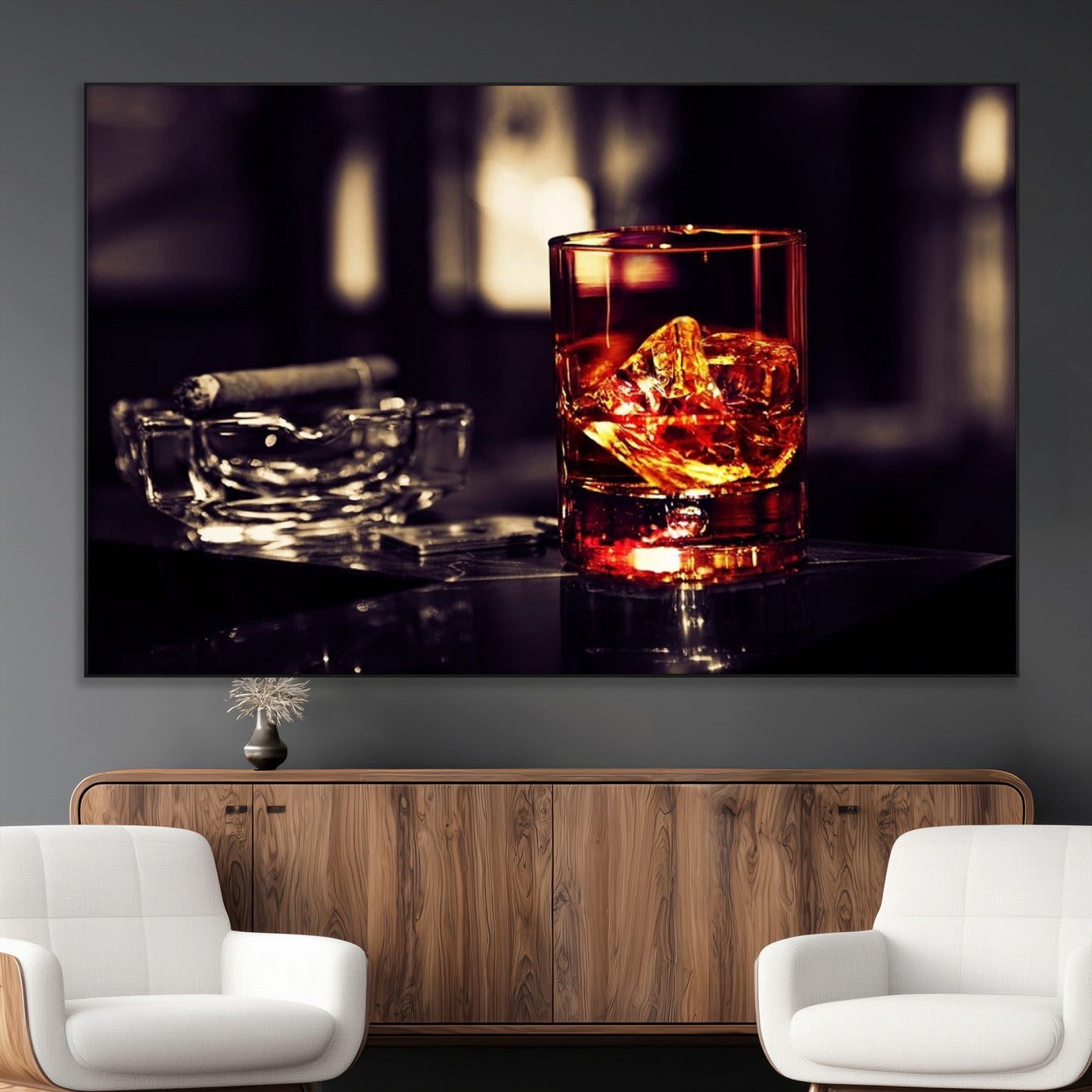 SEG-FC-51X34_Oversize - Whiskey and Cigar Canvas – Luxurious Wall Art for Home or Bar – Glass and Cigar Scene Print Canvas
