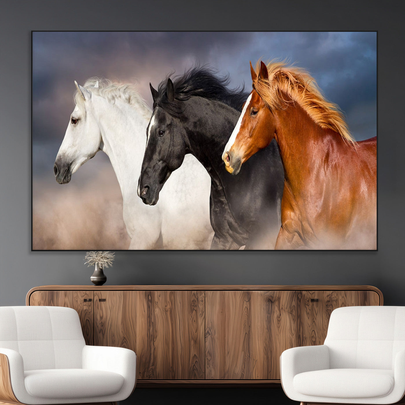 SEG-FC-51X34_Oversize - Animal Wall Art Three Horses Farmhouse Art Canvas, Framed Three Horses Canvas Print