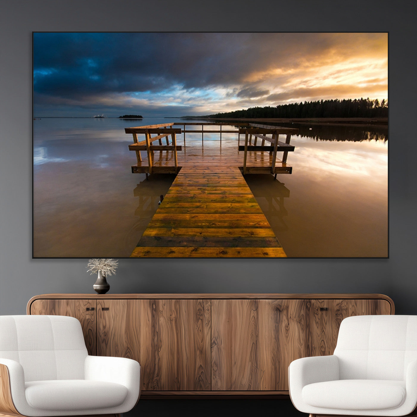 SEG-FC-51X34_Oversize - Serene Lake Pier at Sunset Canvas Print | Landscape Canvas Print | Ready to Hang and Framed Wall Art