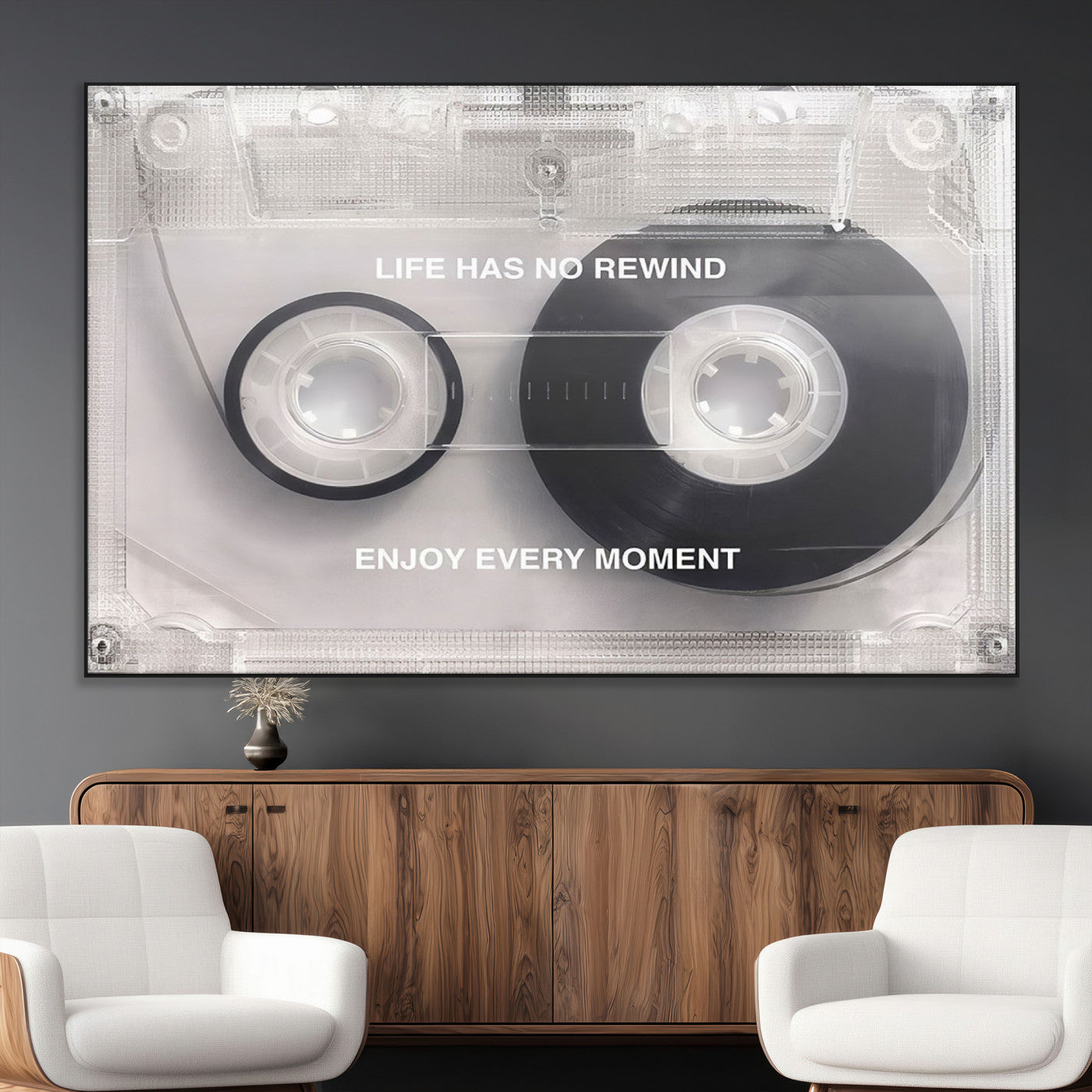 SEG-FC-51X34_Oversize - Vintage Cassette Tape Canvas Wall Art - Inspirational 'Life Has No Rewind' Quote, Retro Music Decor
