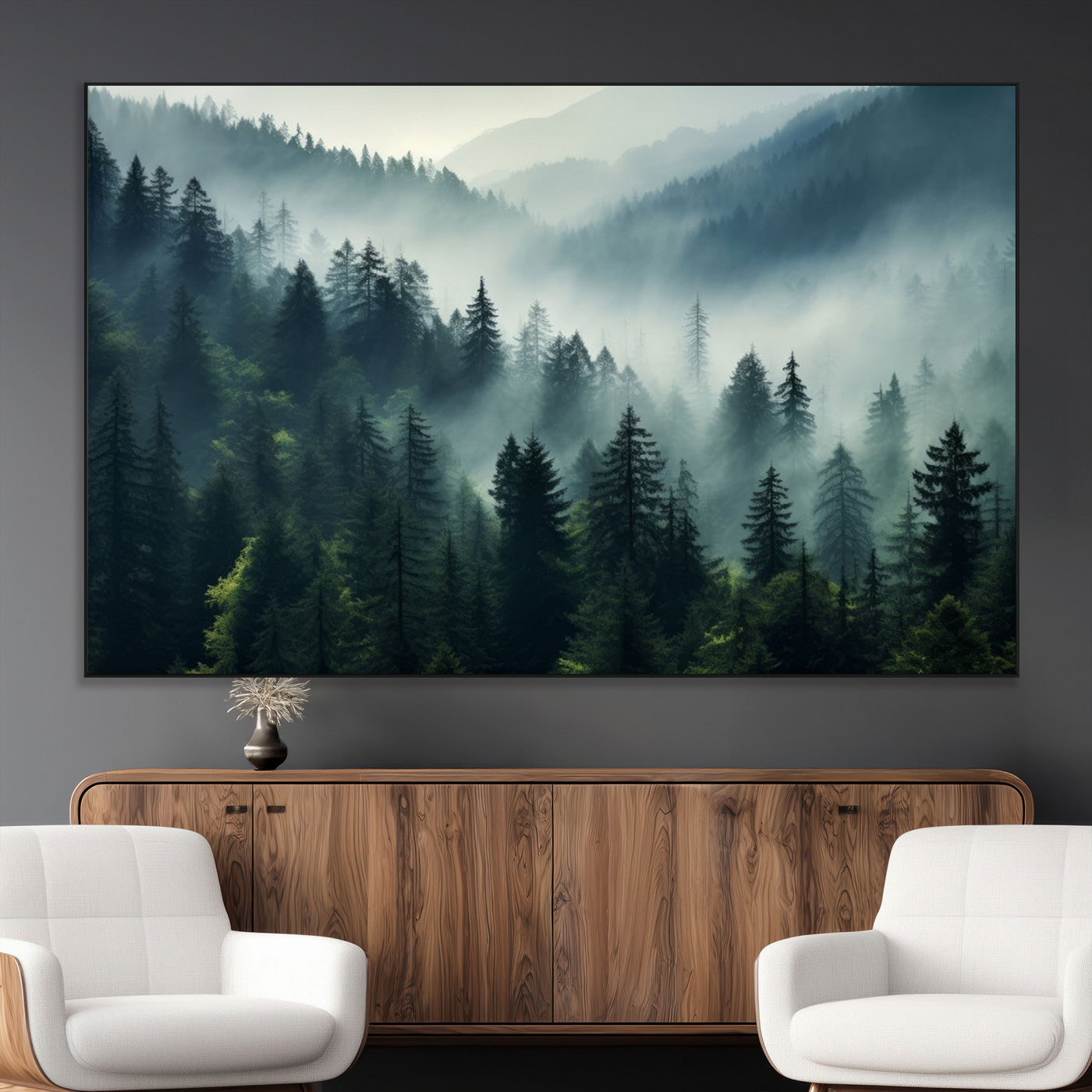 SEG-FC-51X34_Oversize - Captivating Misty Forest Wall Art Premium Canvas Print a Foggy and Serene Atmosphere Art