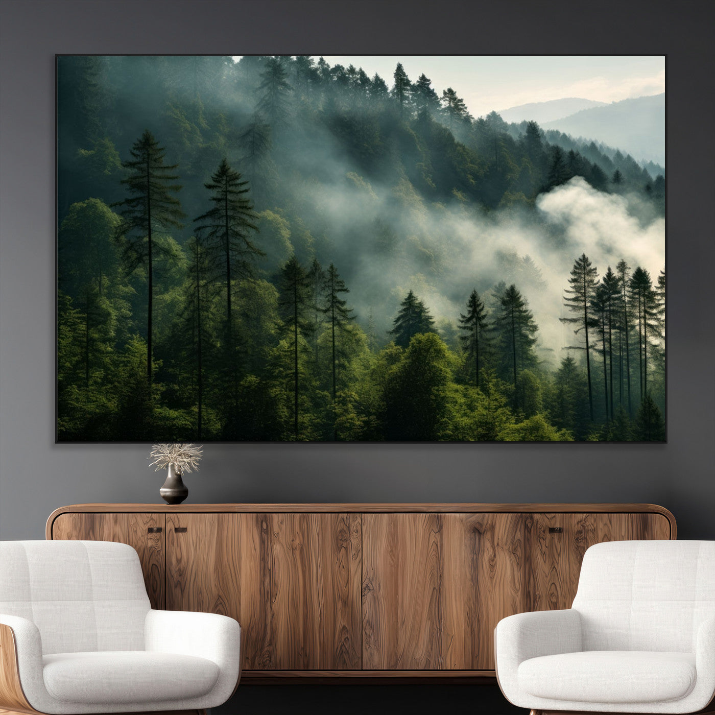 SEG-FC-51X34_Oversize - Misty Forest Wall Art Premium Canvas Print a Foggy and Serene Atmosphere