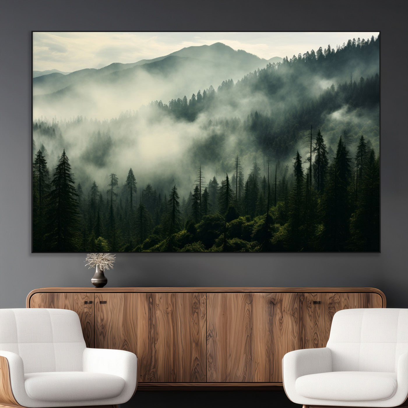 SEG-FC-51X34_Oversize - Captivating Misty Forest Wall Art Premium Canvas Print a Foggy and Serene Atmosphere