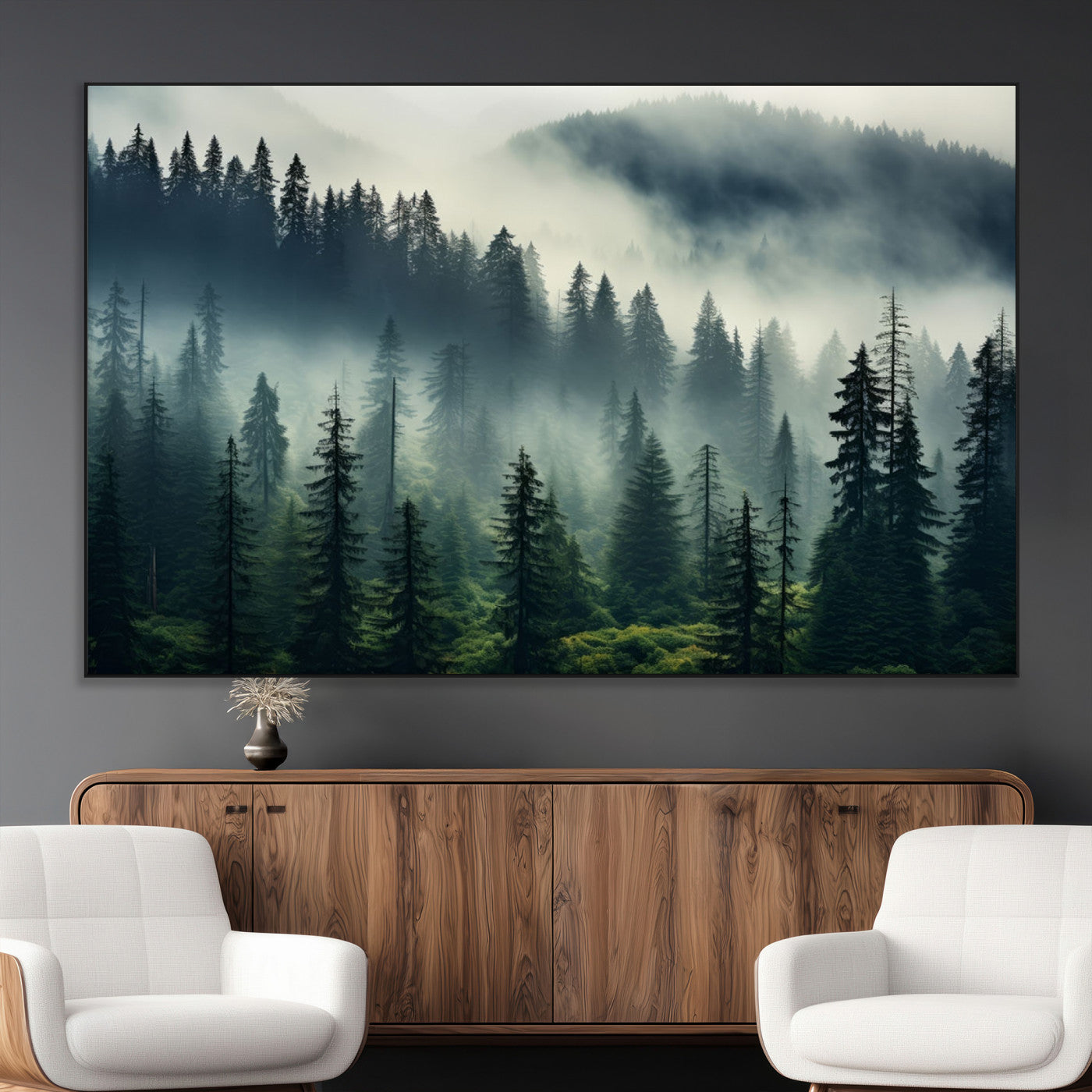 SEG-FC-51X34_Oversize - Captivating Misty Forest Wall Art Premium Canvas Print a Foggy and Serene Atmosphere