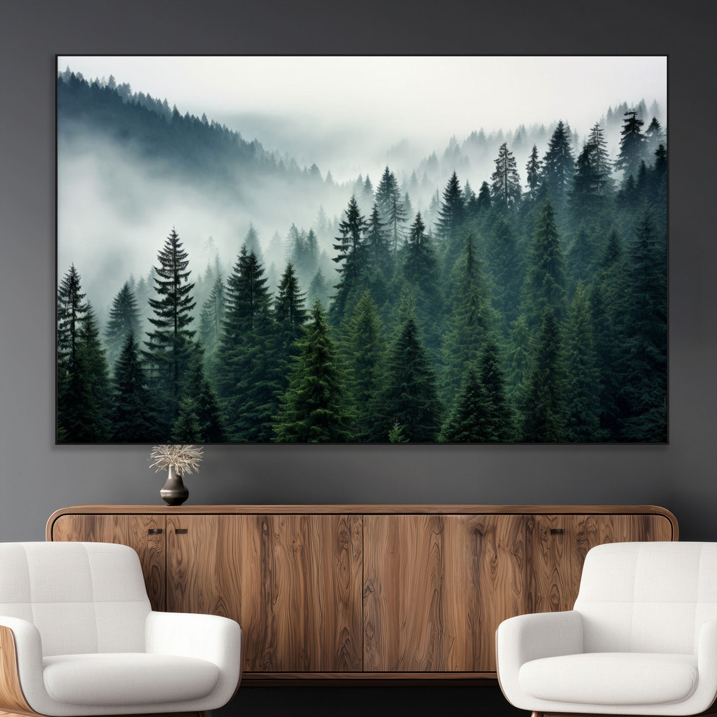 SEG-FC-51X34_Oversize - Captivating Misty Forest Wall Art Premium Canvas Print, Foggy and Serene Atmosphere Canvas Print