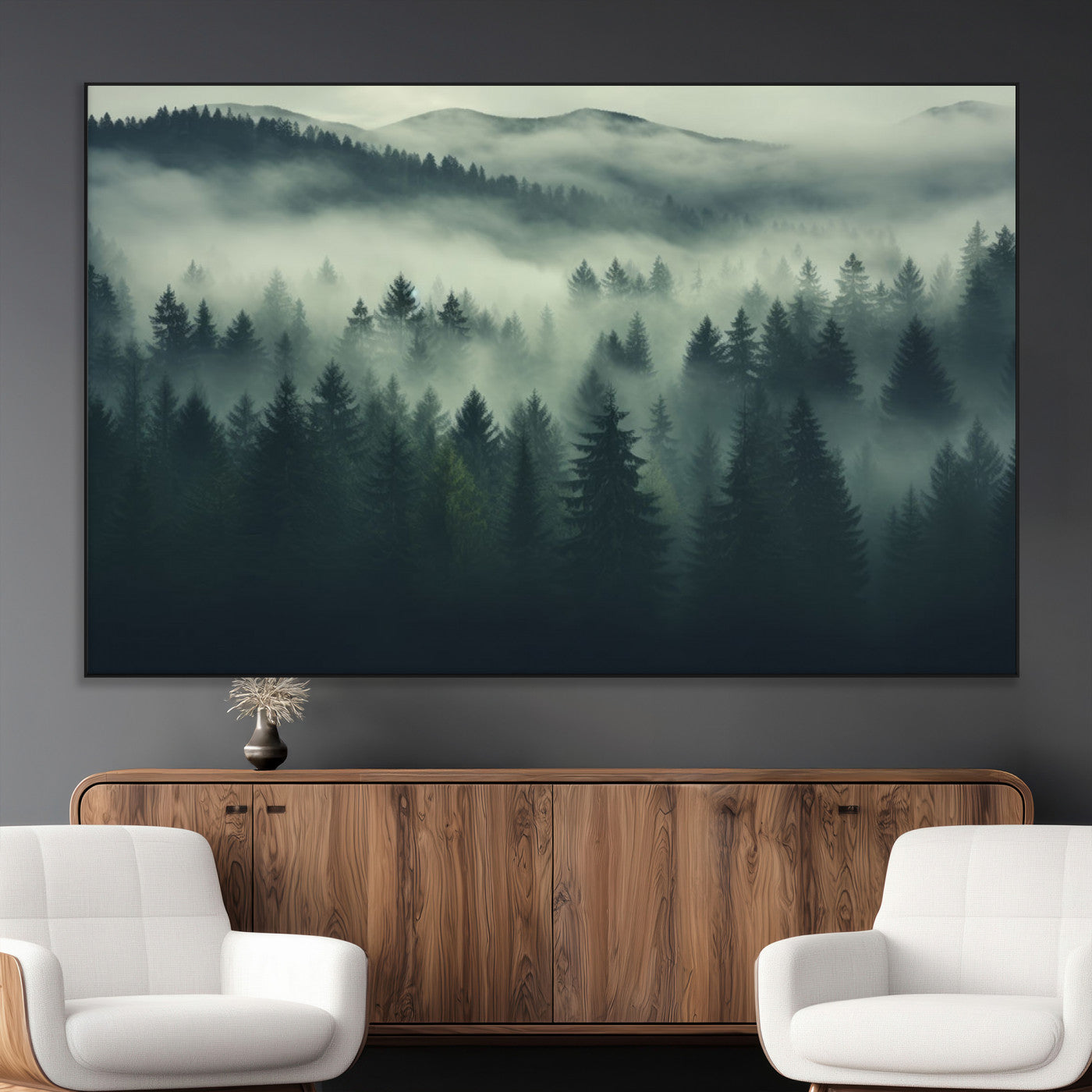 SEG-FC-51X34_Oversize - Misty Forest Wall Art Premium Canvas Print a Foggy and Serene Atmosphere
