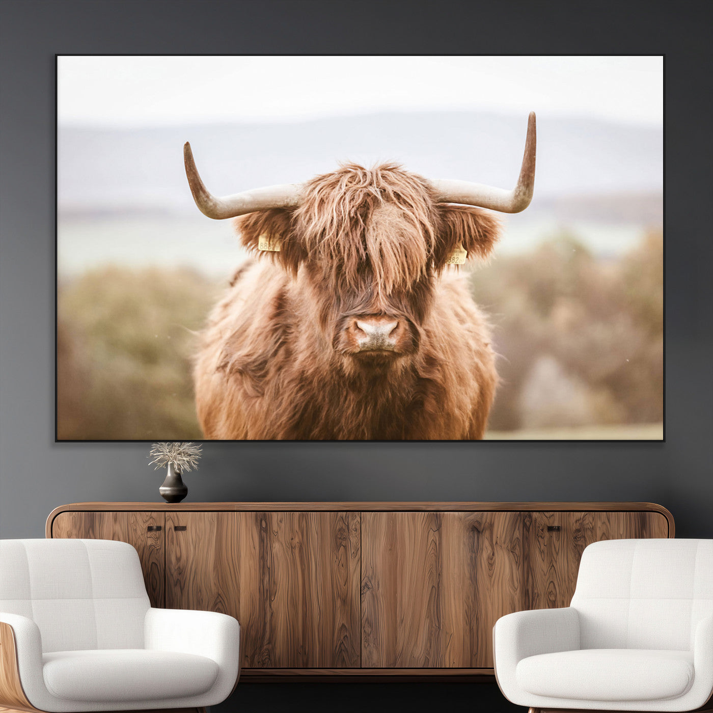SEG-FC-51X34_Oversize - Scottish Serene Highland Cow Canvas Wall Art – Serene Highland Cow in Natural Pastel Tones – Ready