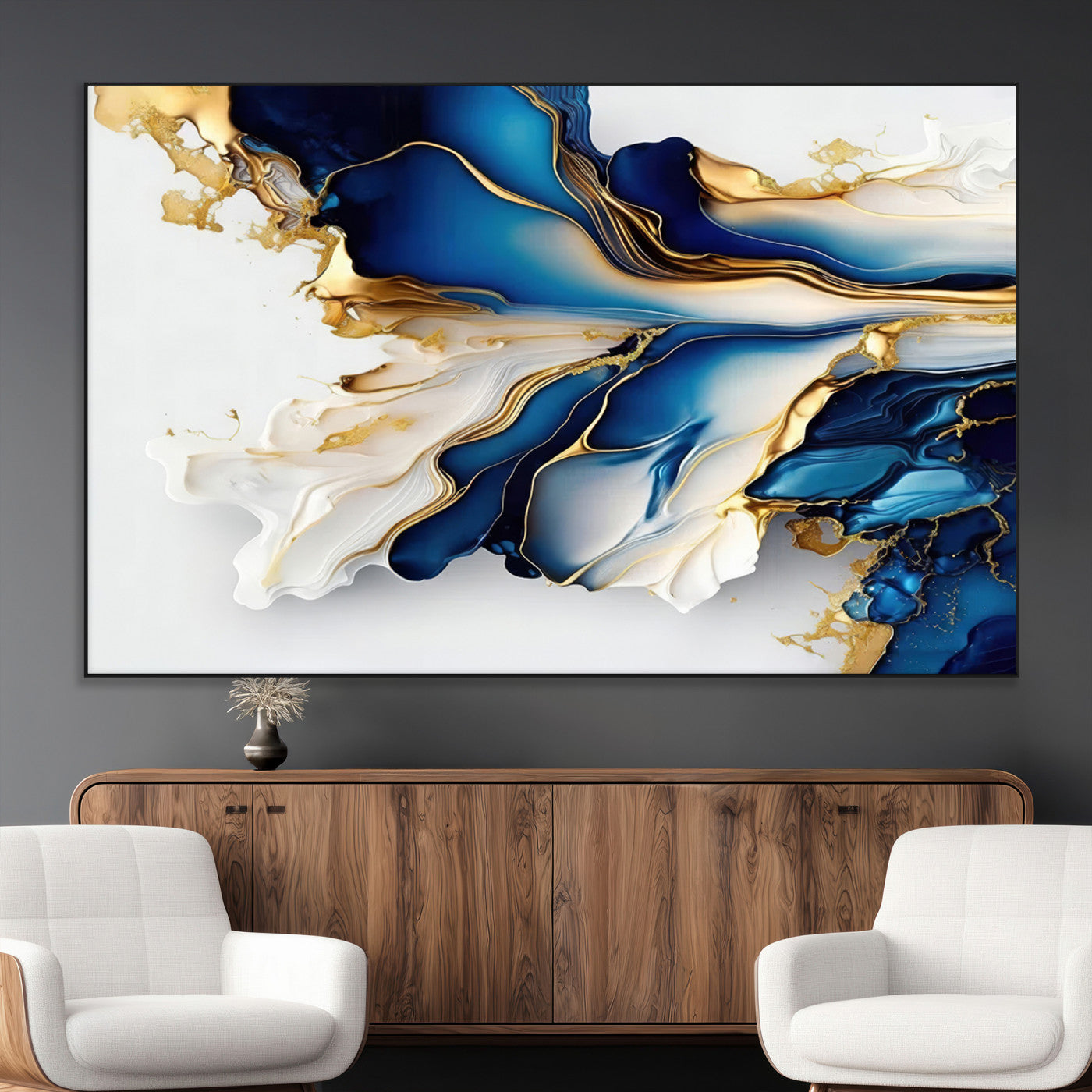 SEG-FC-51X34_Oversize - Gold Marble Art - Abstract Geode Gold And Blue Marble Shape 3 Pieces Wall Art Canvas Print