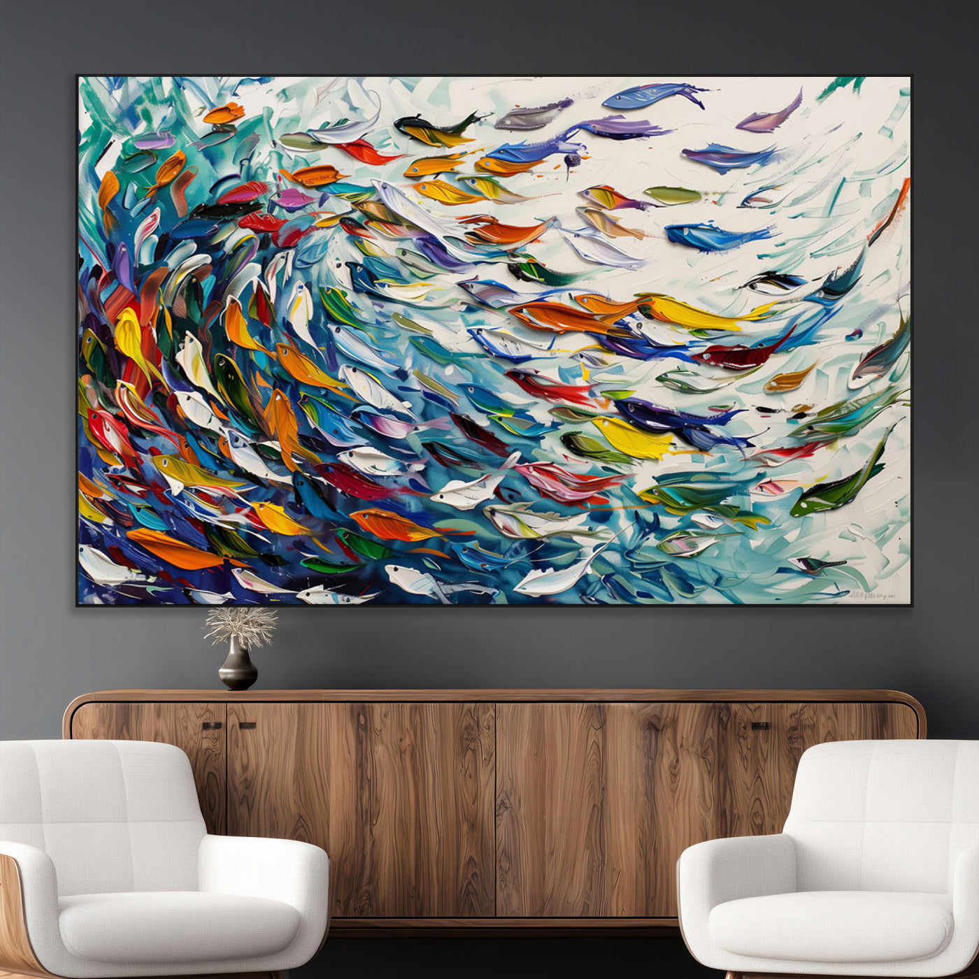 SEG-FC-51X34_Oversize - Modern Abstract Fish Shoal Wall Art Canvas Print, Colorful Fish Herd Painting on Canvas Print, Ocean