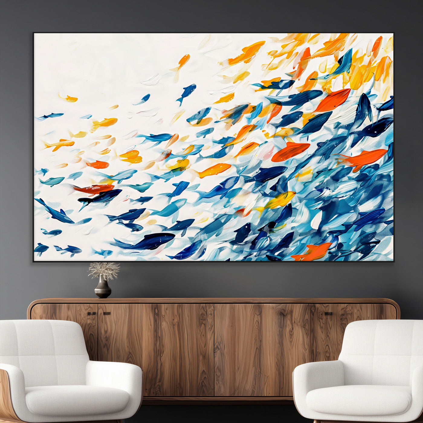 SEG-FC-51X34_Oversize - Abstract Fish Shoal Wall Art Canvas Print, Colorful Fish Herd Painting on Canvas Print, Ocean Animal
