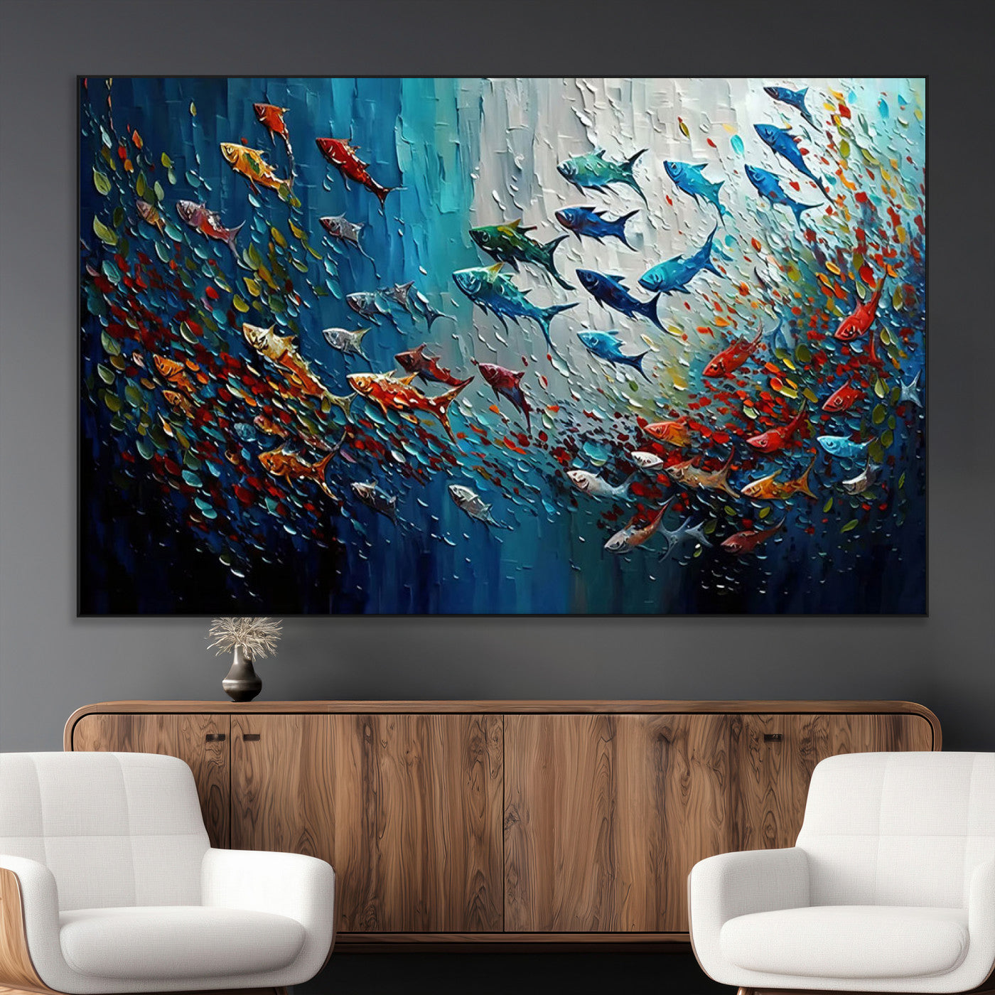 SEG-FC-51X34_Oversize - Modern Abstract Fish Shoal Wall Art Canvas Print, Colorful Fish Herd Painting on Canvas Print, Ocean