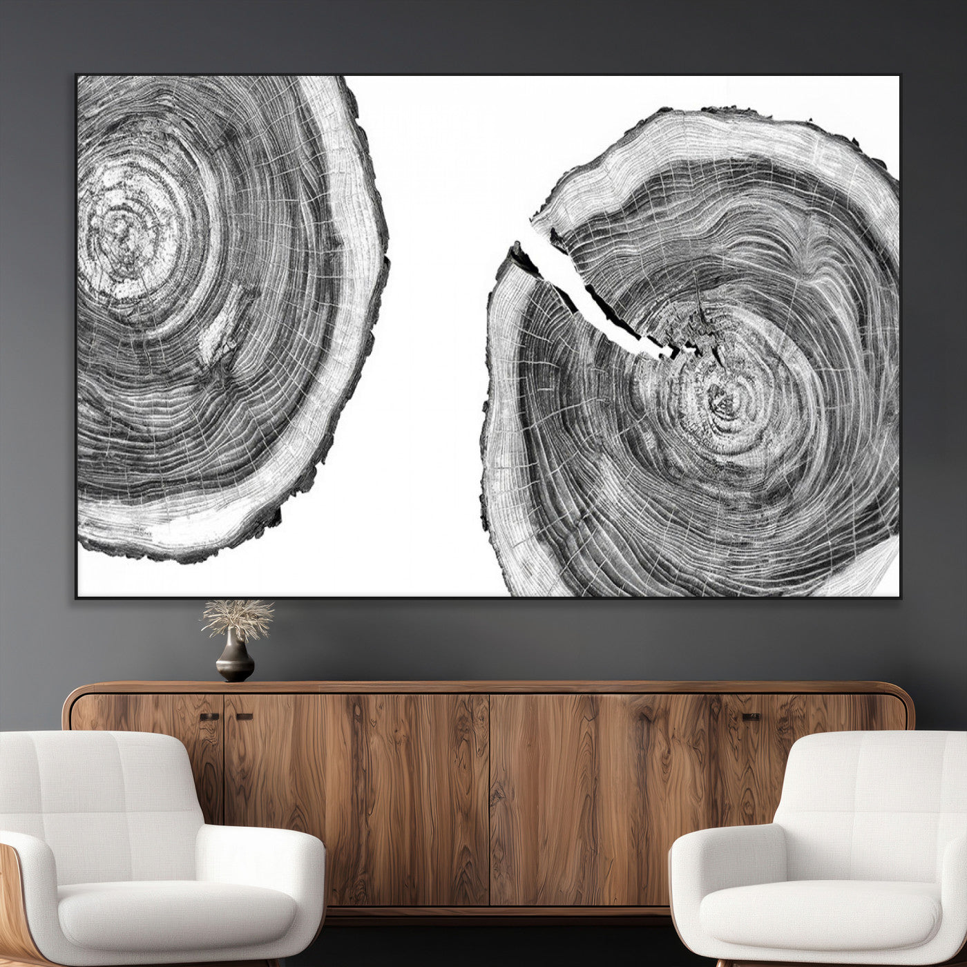 SEG-FC-51X34_Oversize - Modern Black and White Tree Rings Canvas Wall Art – Nature Inspired Wood Slice Print – Minimalist