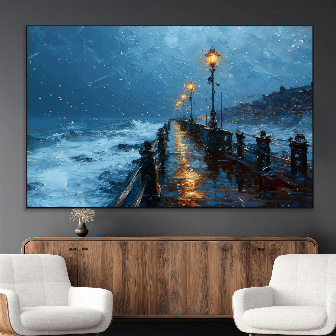 SEG-FC-51X34_Oversize - Stormy Night at Beach Pier Oil Painting Large Wall Art Print, Framed Canvas Nature Wall Decor,