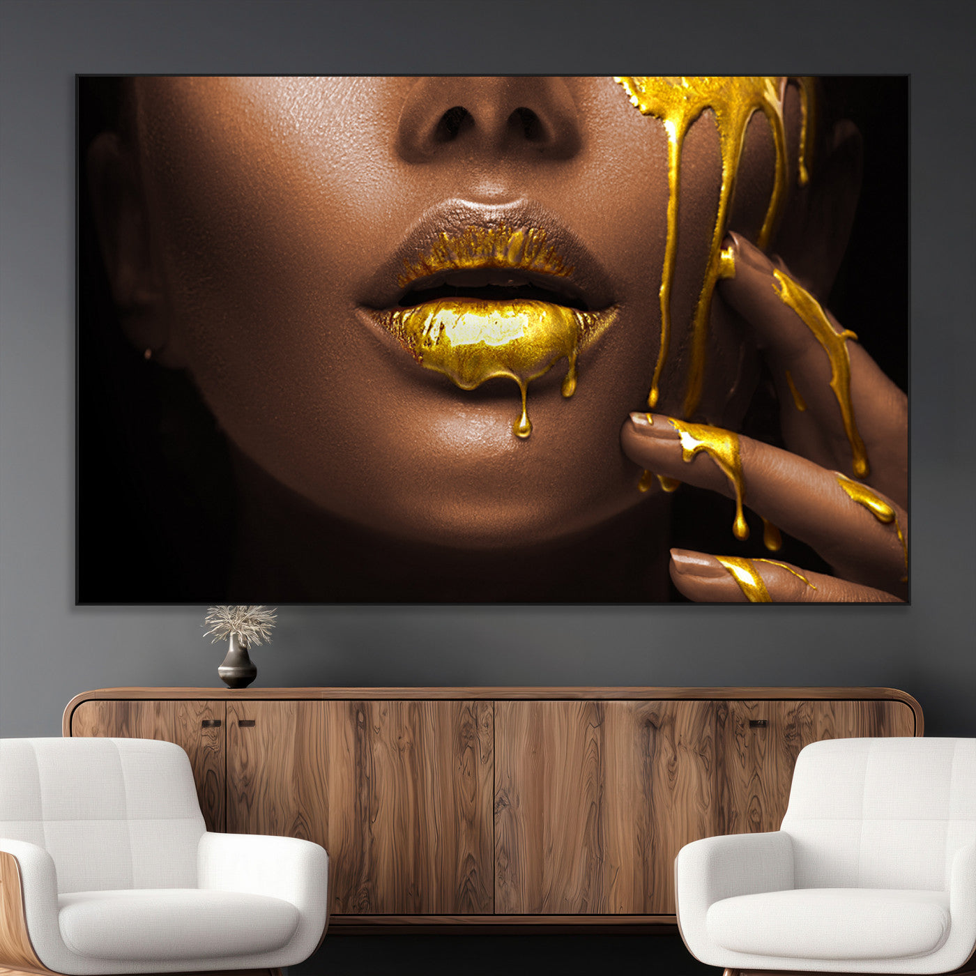 SEG-FC-51X34_Oversize - African American Art Black Woman Canvas Print, African Wall Art, Fashion African Woman Gold Lips