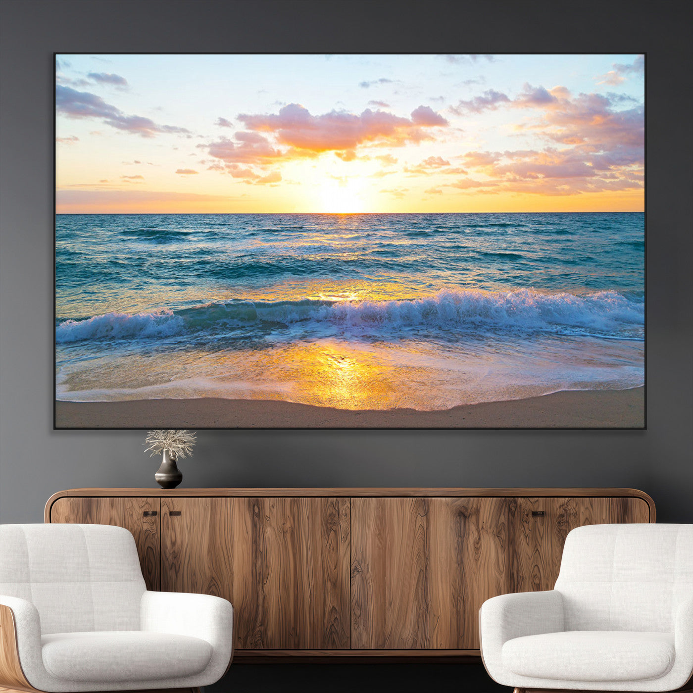 SEG-FC-51X34_Oversize - Golden Sunset Over Ocean Waves - Serene Coastal Triptych Wall Art for Relaxing Home Decor, Ready to