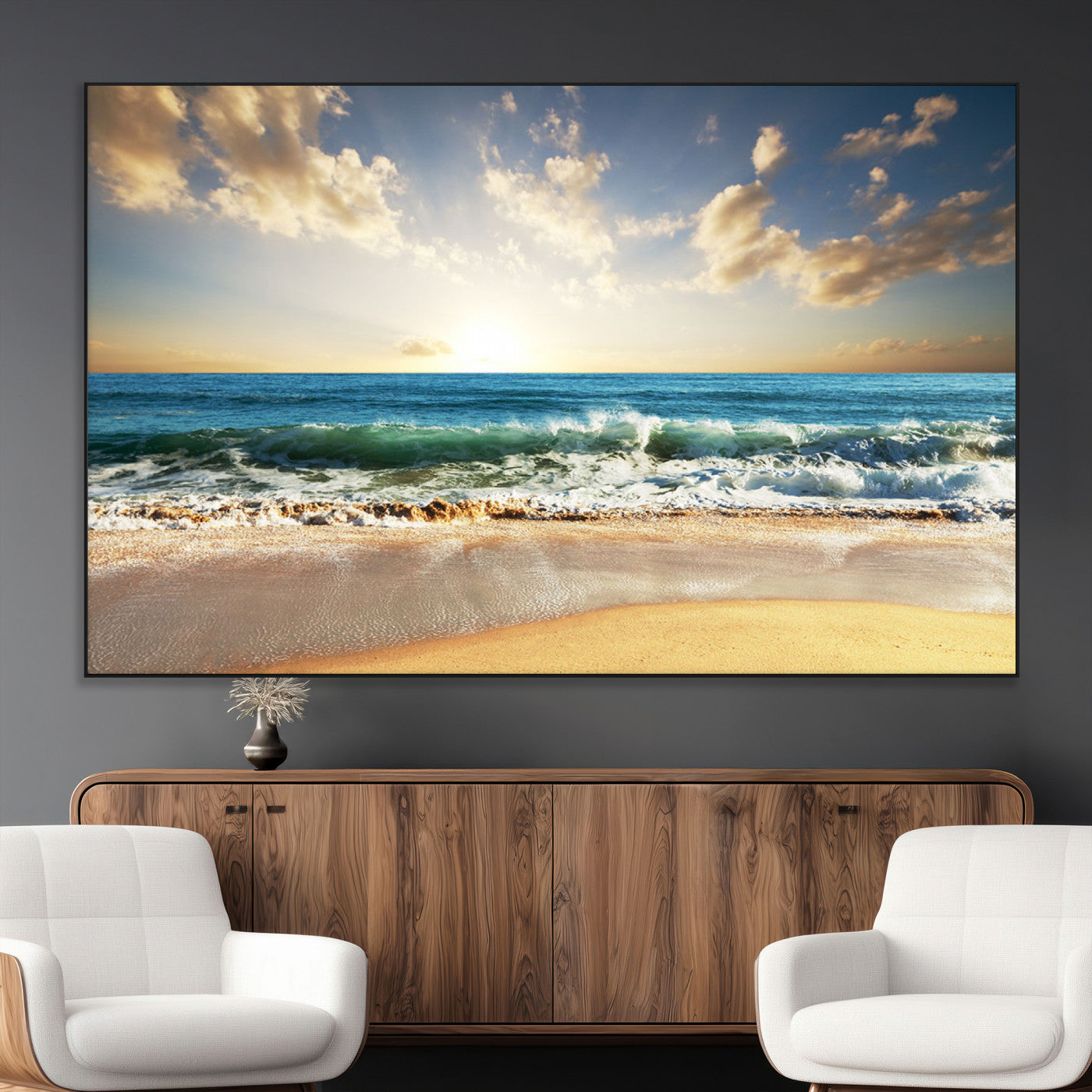 SEG-FC-51X34_Oversize - Golden Sunset Beach Triptych Canvas Wall Art for Living Room – 3-Panel Ocean View, Framed & Ready to