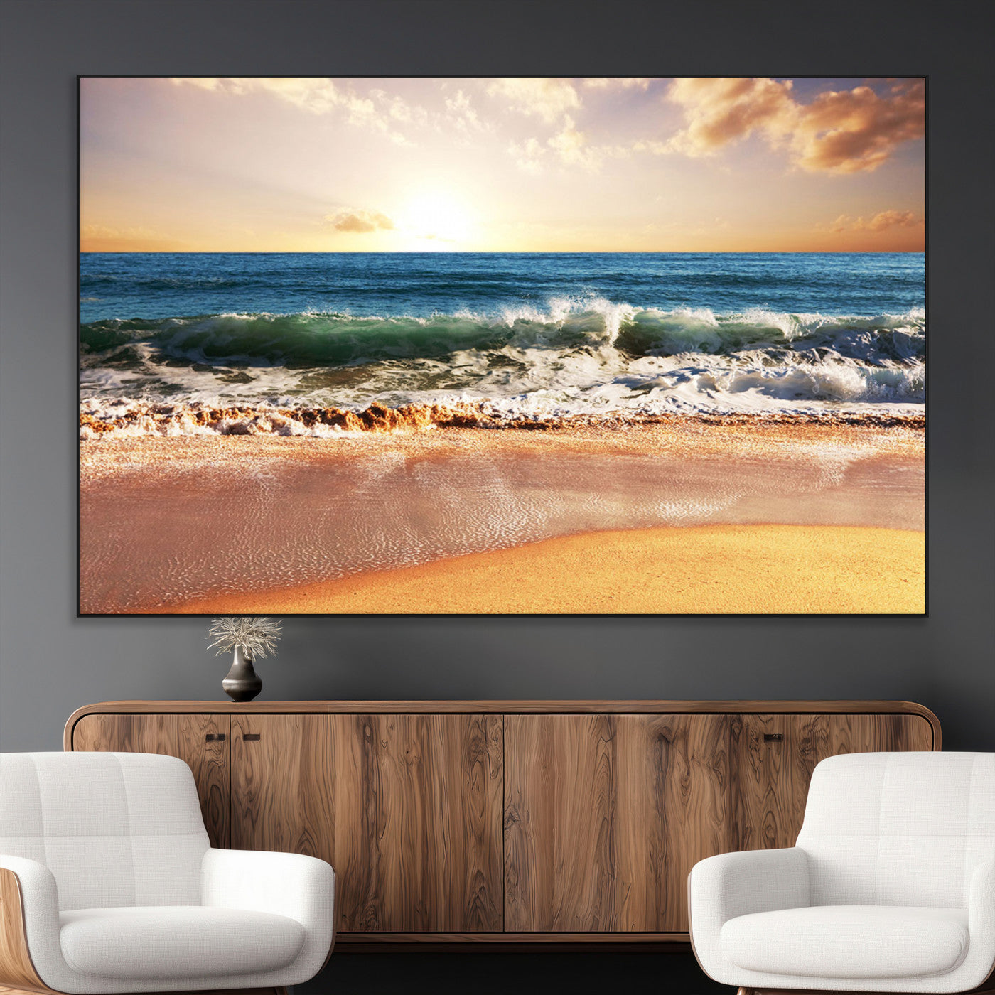 SEG-FC-51X34_Oversize - Sunset Beach Wall Art - 3-Panel Framed Canvas Print, Ready to Hang Ocean Sunset for Coastal and